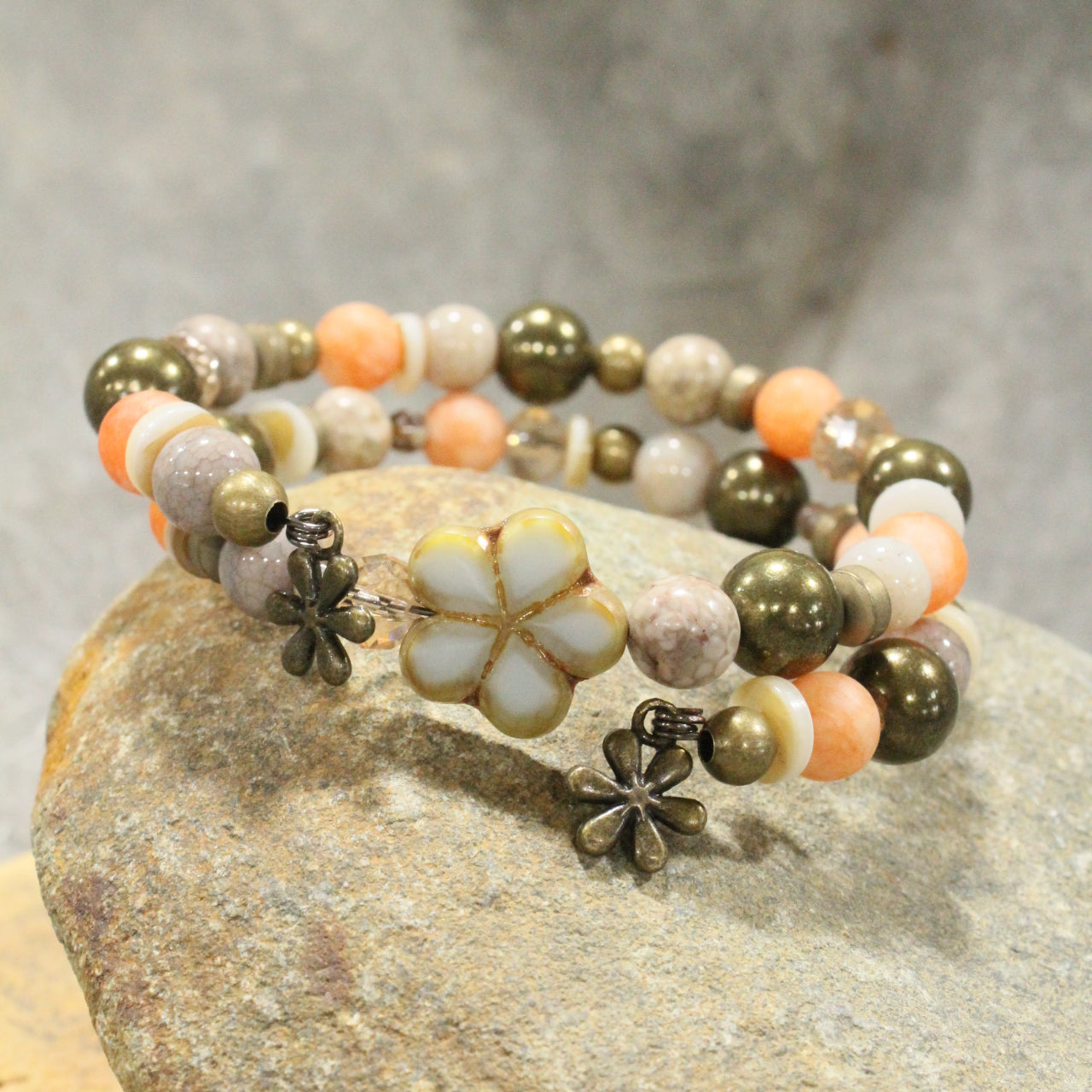 Czech Glass Flower Peach Parfait Wrap Bracelet