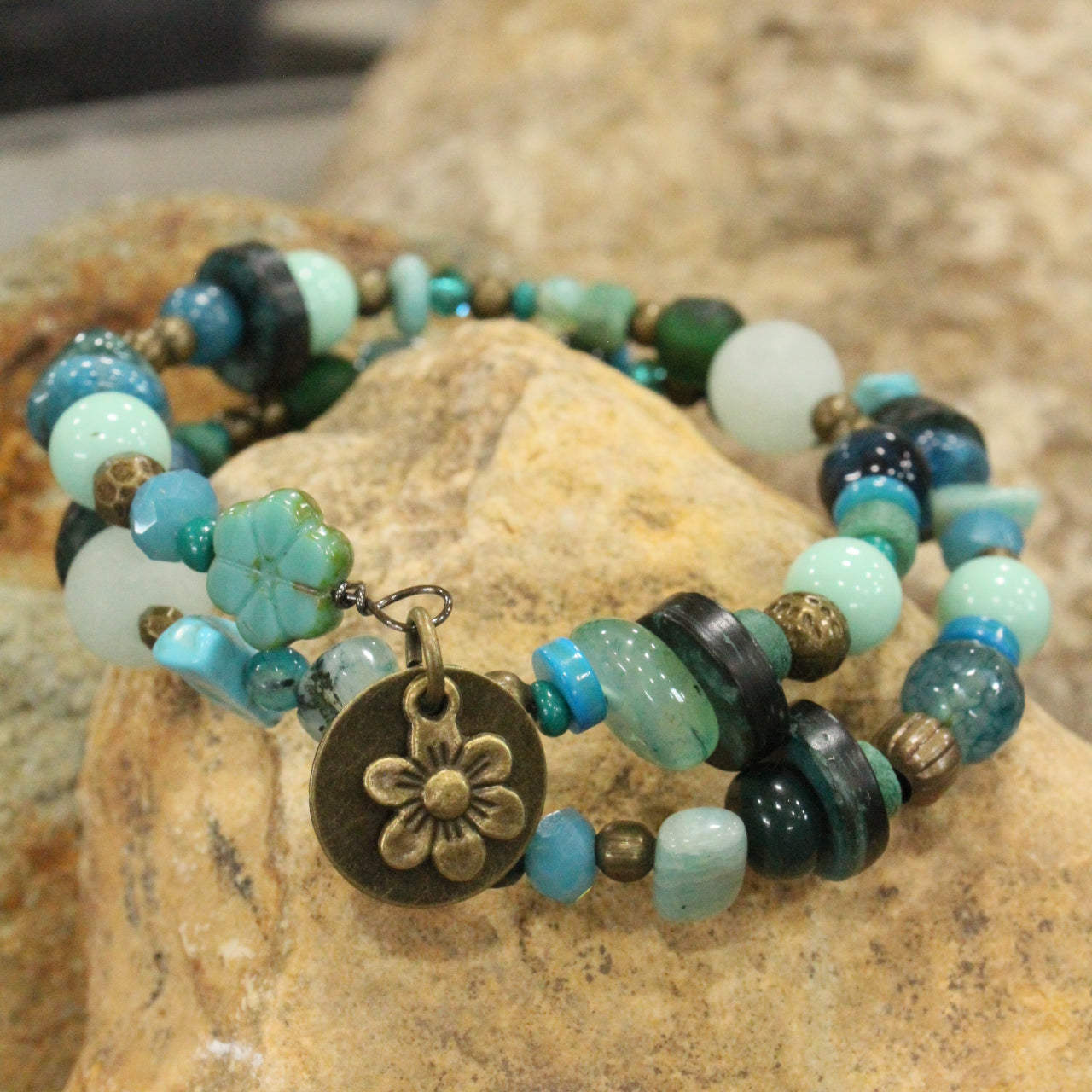 Czech Turquoise Picasso Flower Bead Wrap Bracelet