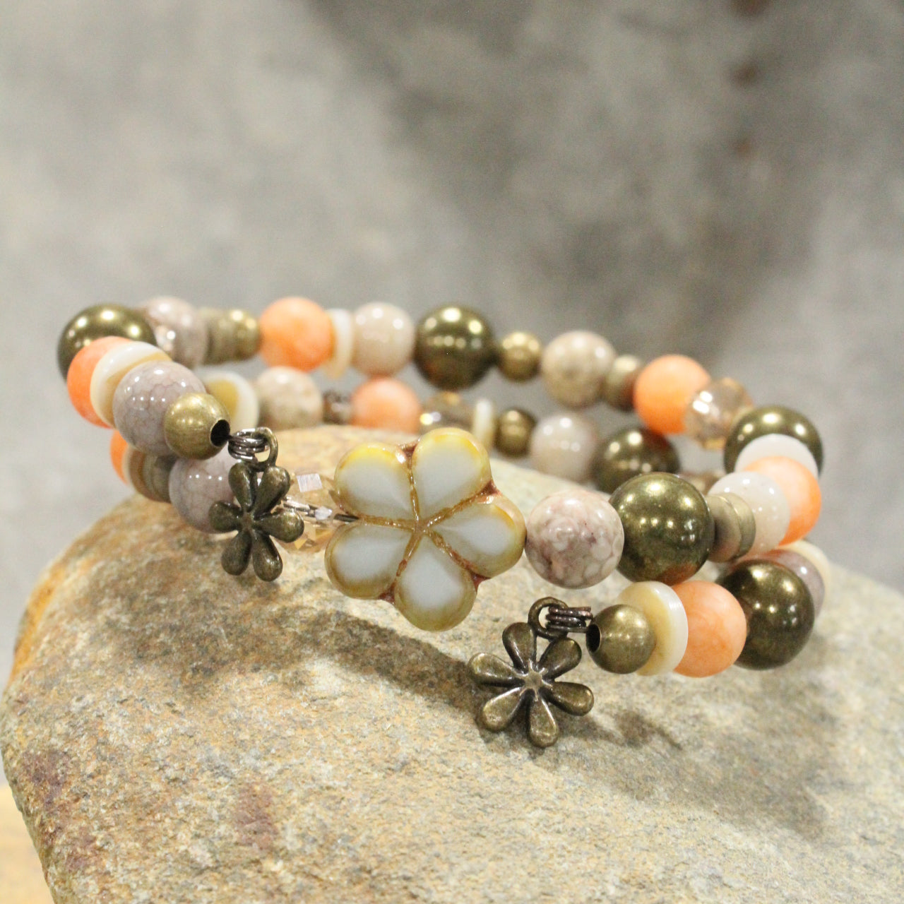 Czech Glass Flower Peach Parfait Wrap Bracelet