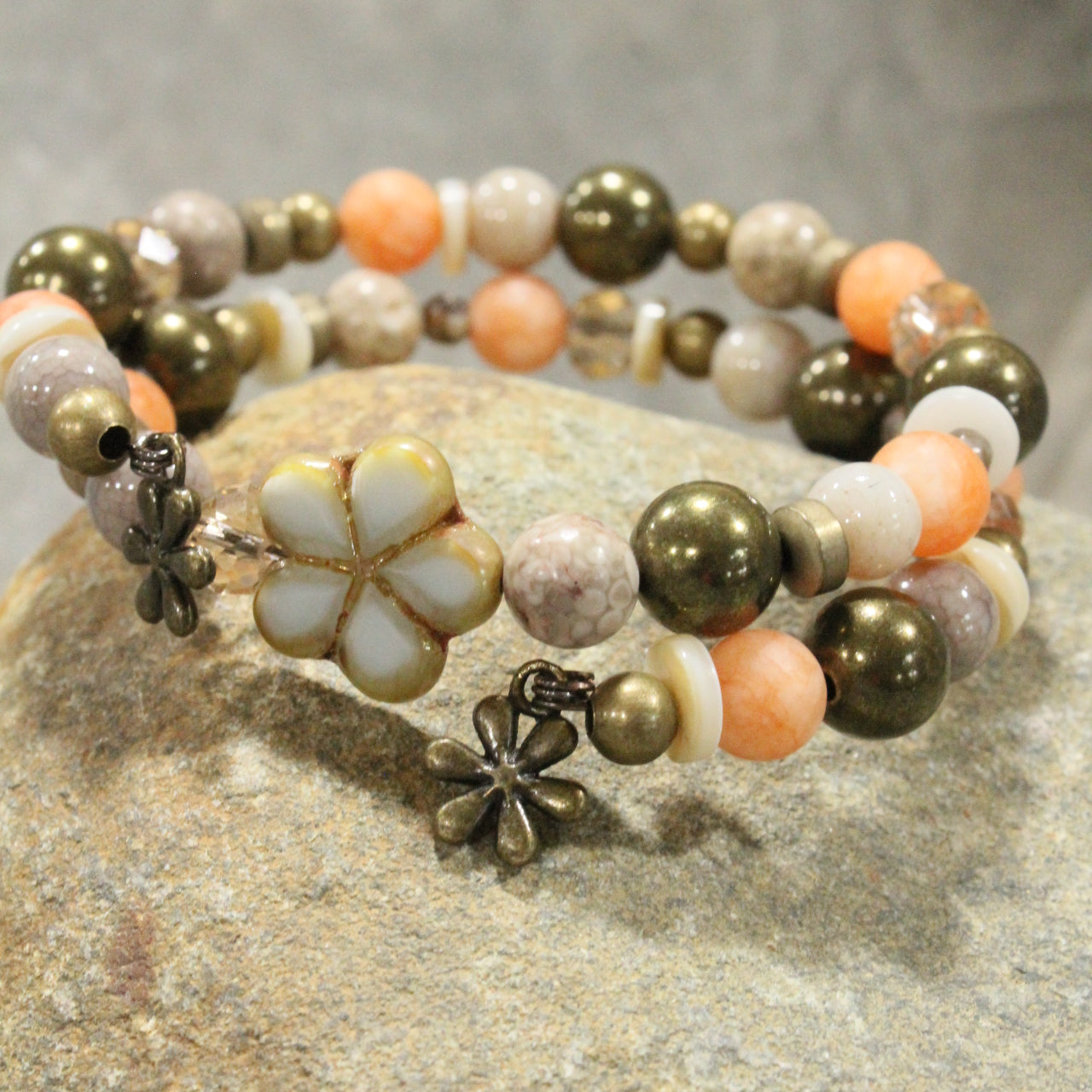 Czech Glass Flower Peach Parfait Wrap Bracelet