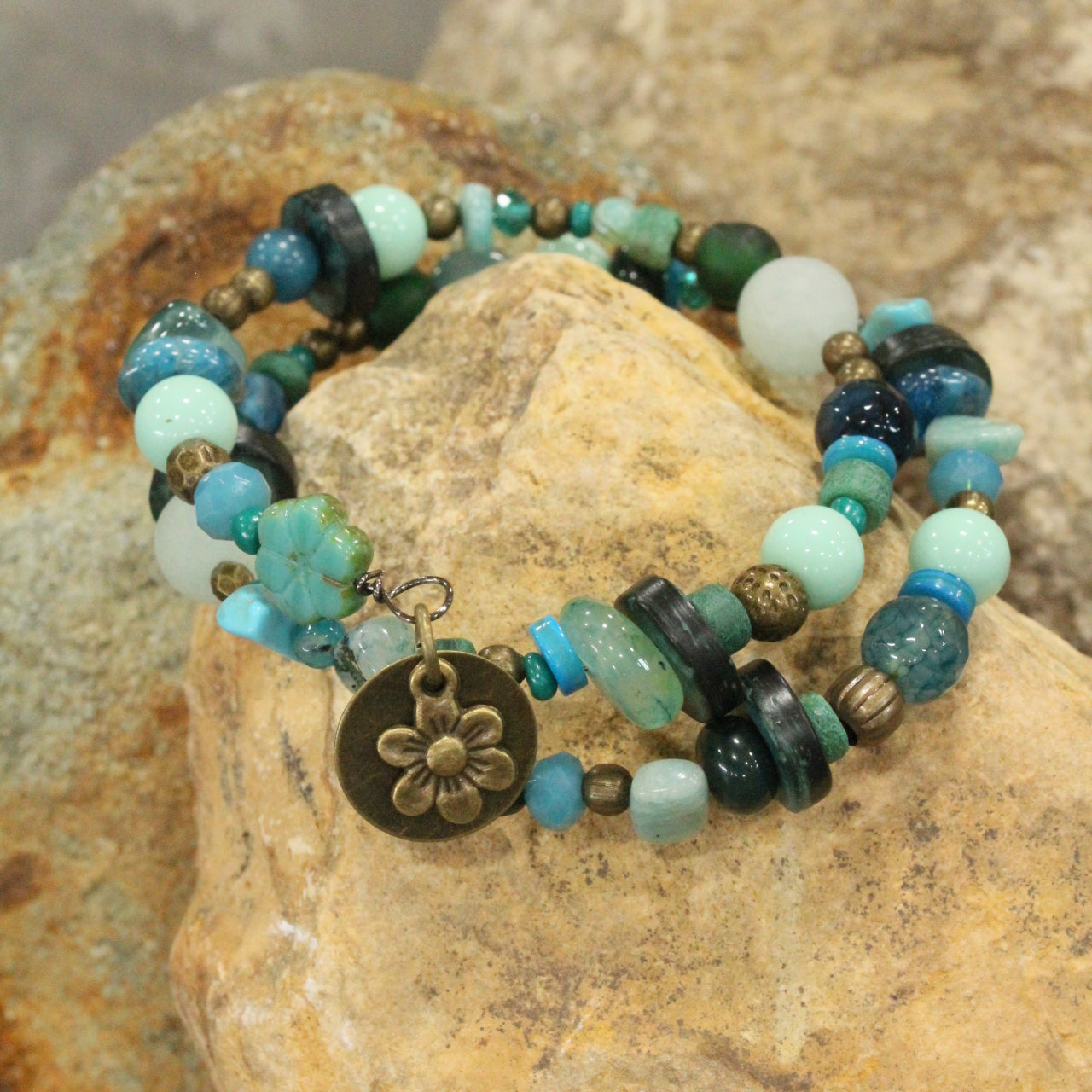 Czech Turquoise Picasso Flower Bead Wrap Bracelet