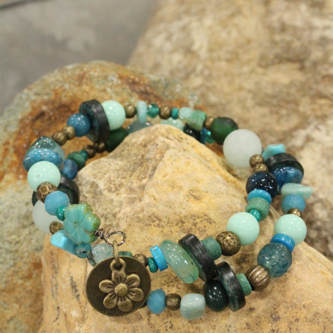 Czech Turquoise Picasso Flower Bead Wrap Bracelet