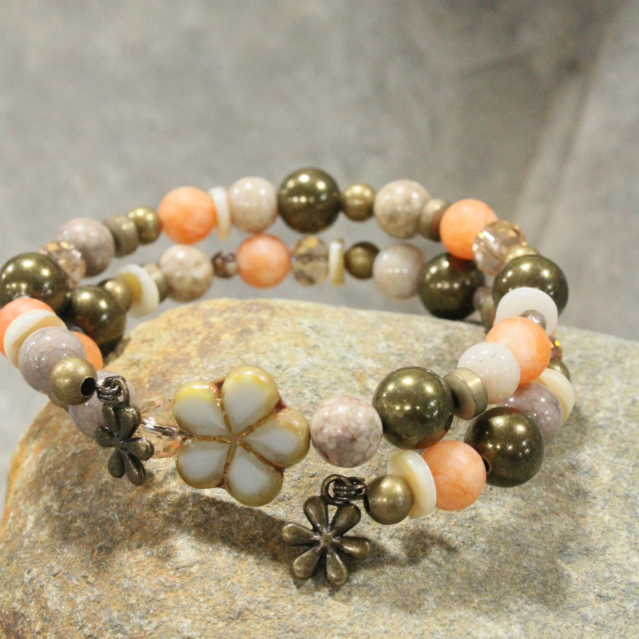 Czech Glass Flower Peach Parfait Wrap Bracelet