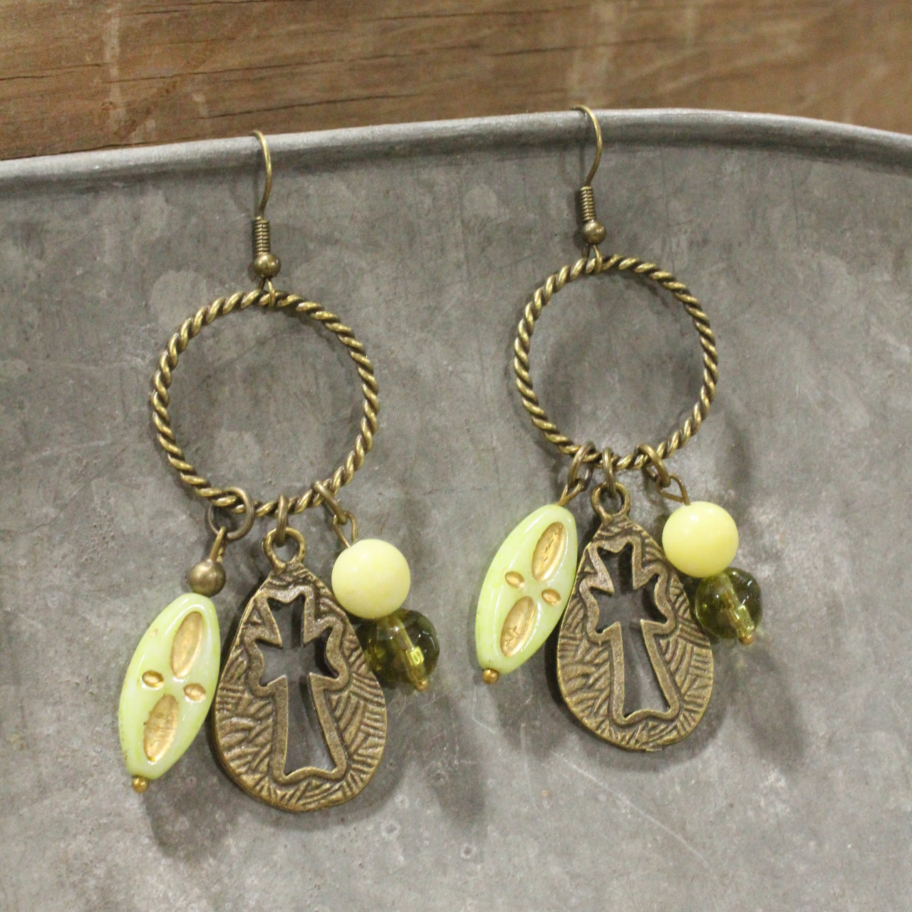 He Lives Stone & Czech Cross Dangle Earrings