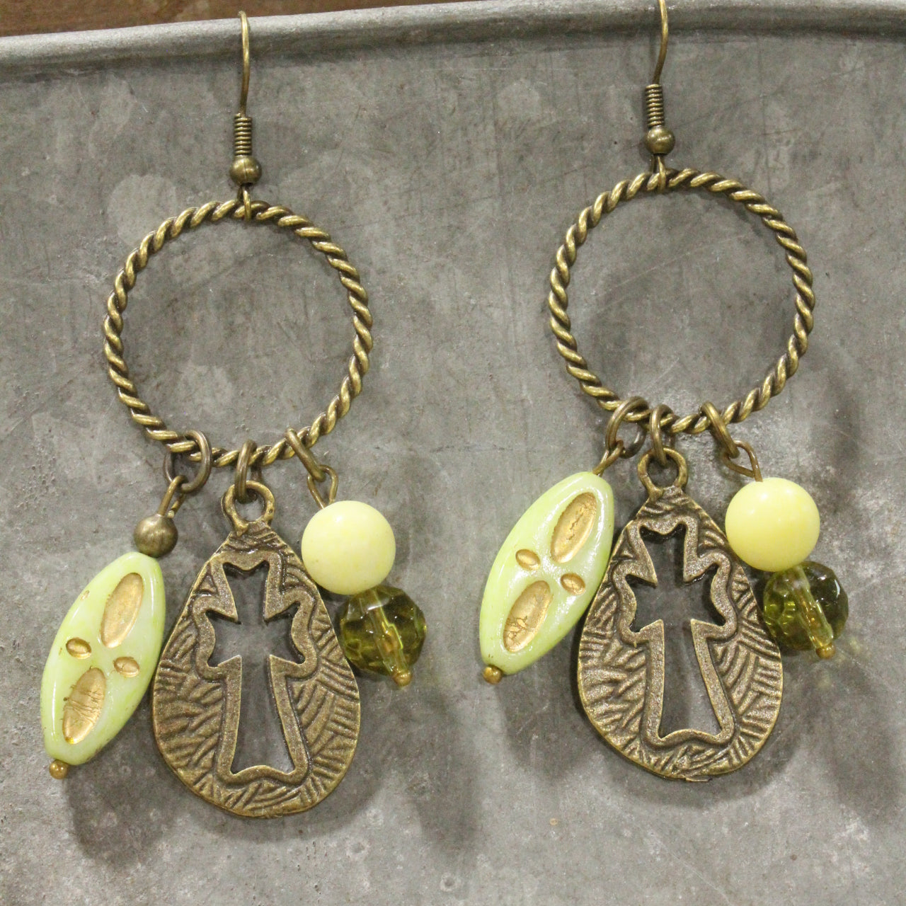 He Lives Stone & Czech Cross Dangle Earrings