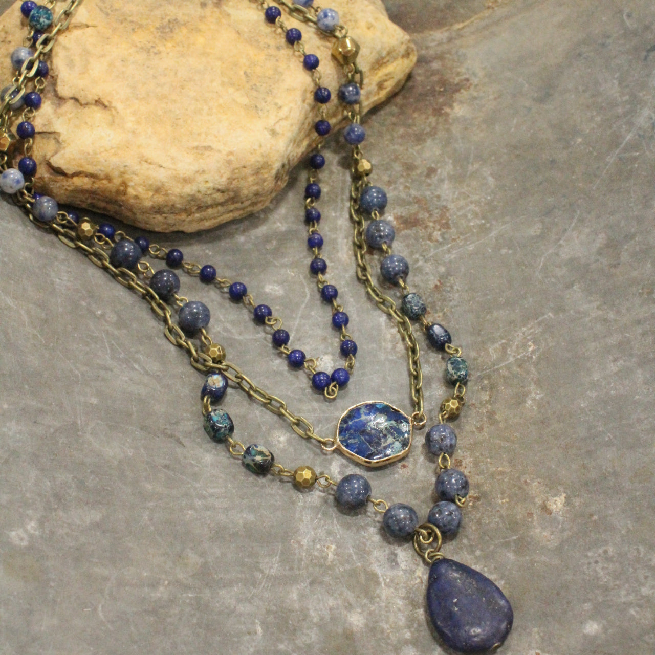 Bohemian Layered Blue Stone & Crystal Necklace