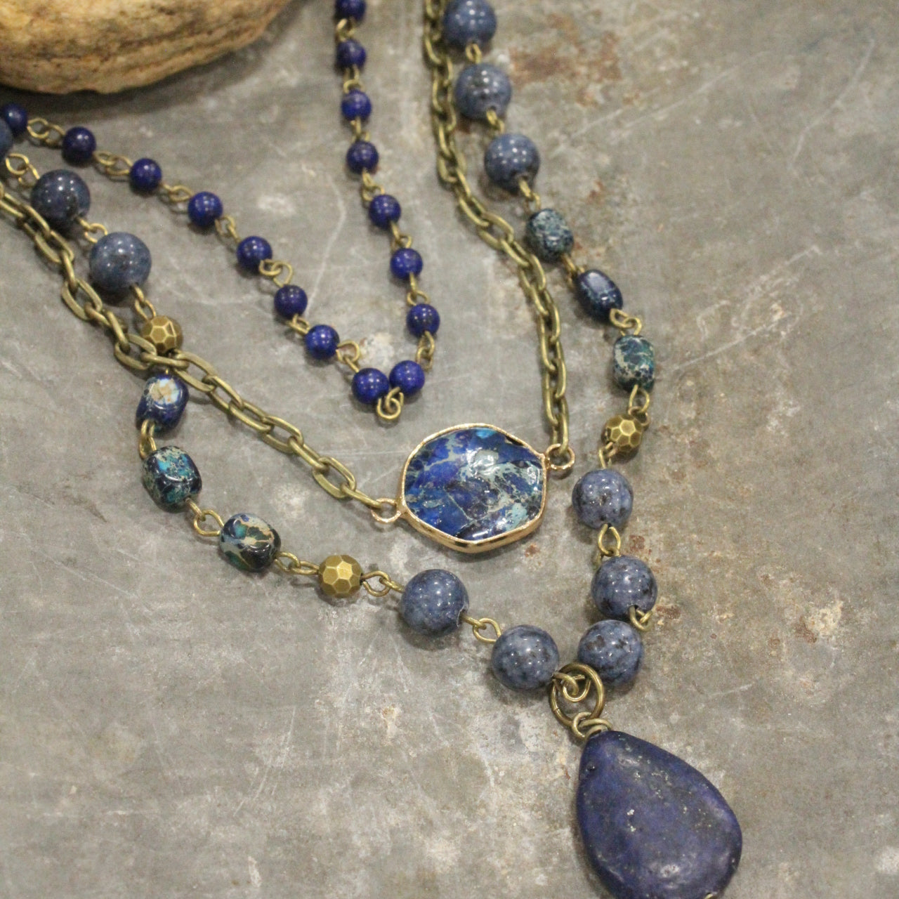 Bohemian Layered Blue Stone & Crystal Necklace