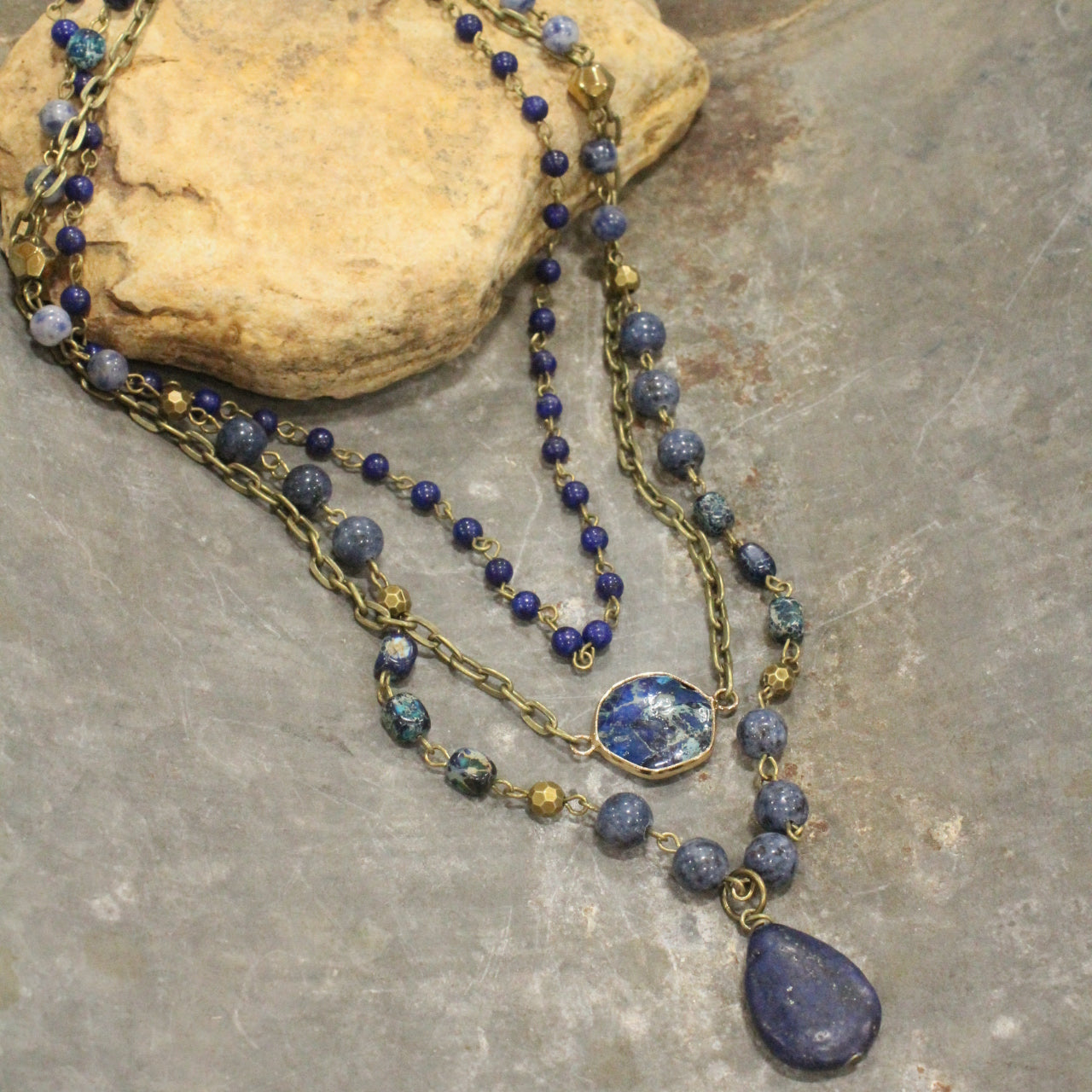 Bohemian Layered Blue Stone & Crystal Necklace