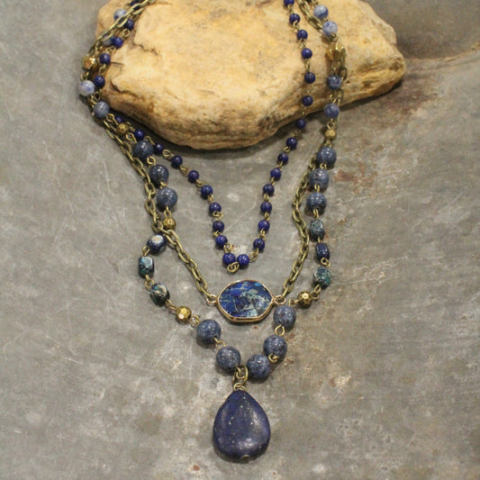 Bohemian Layered Blue Stone & Crystal Necklace