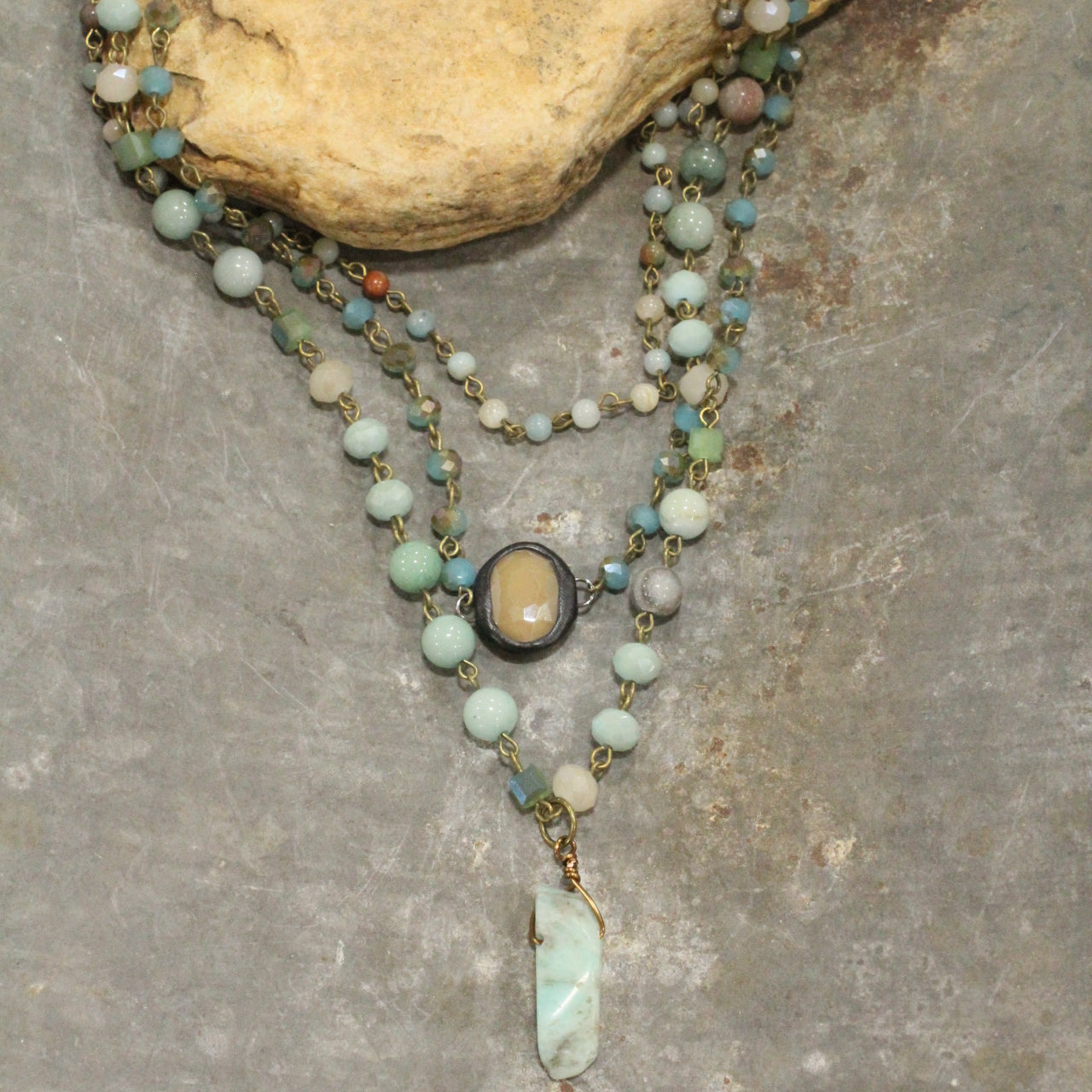 Bohemian Layered Mint Stone & Crystal Necklace