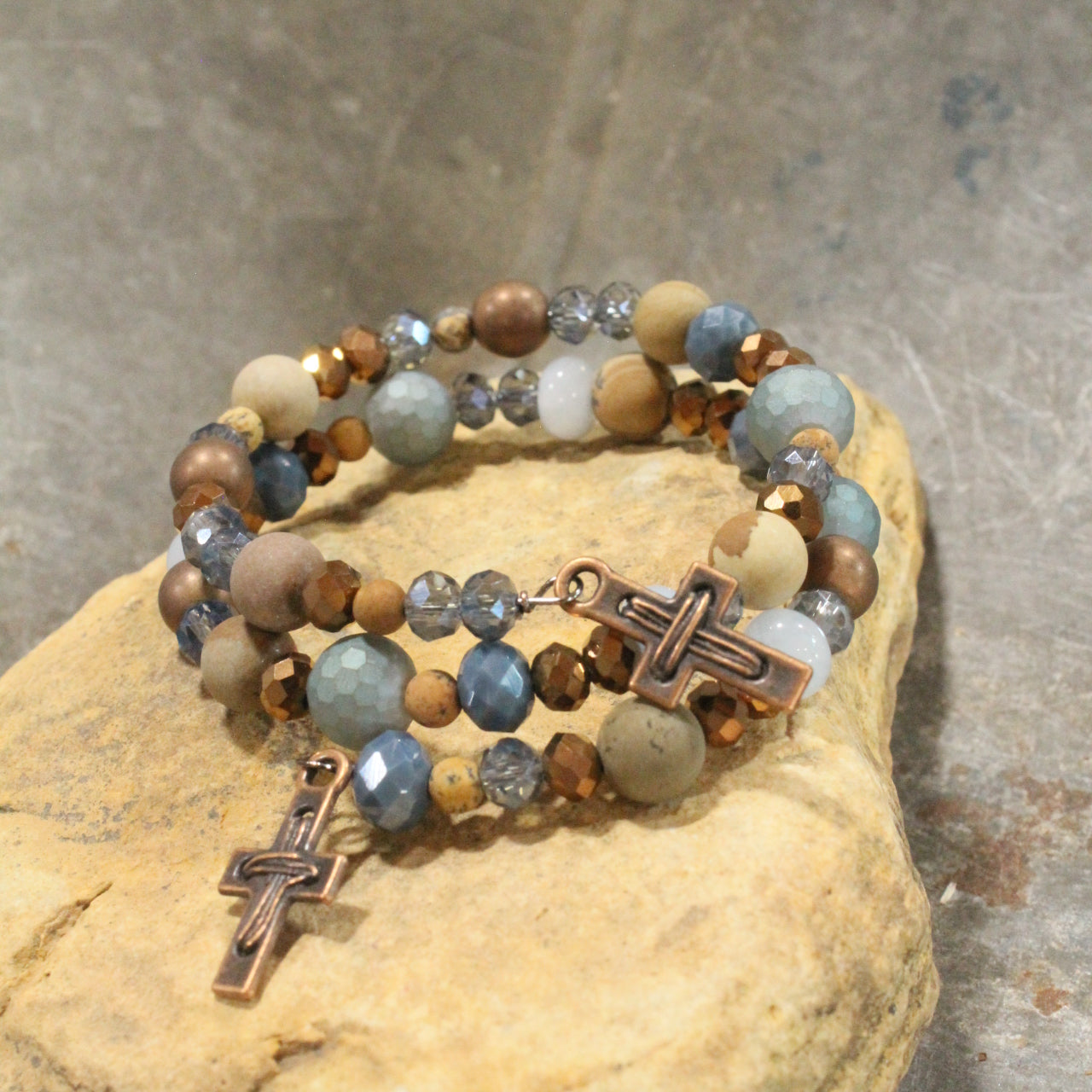 Copper Cross & Stone Wrap Bracelet