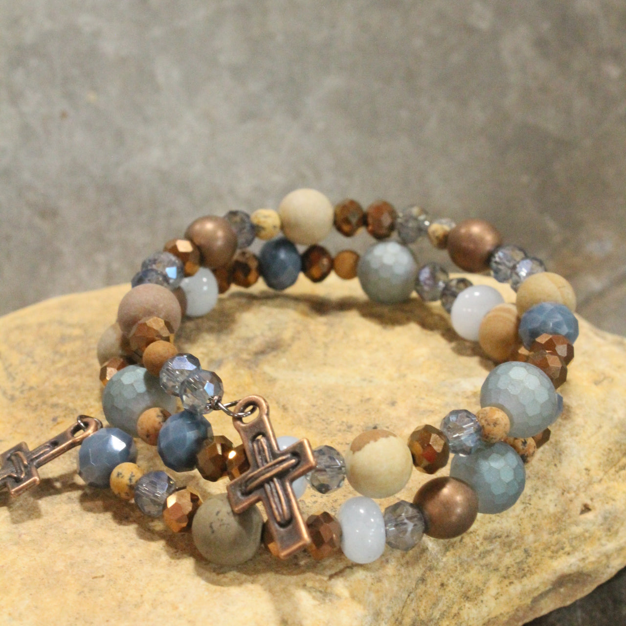 Copper Cross & Stone Wrap Bracelet