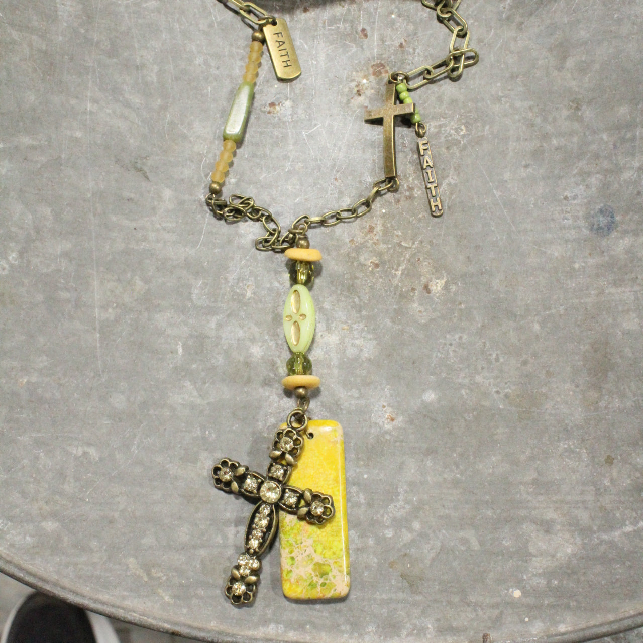 He Lives Stone & Czech Cross Necklace