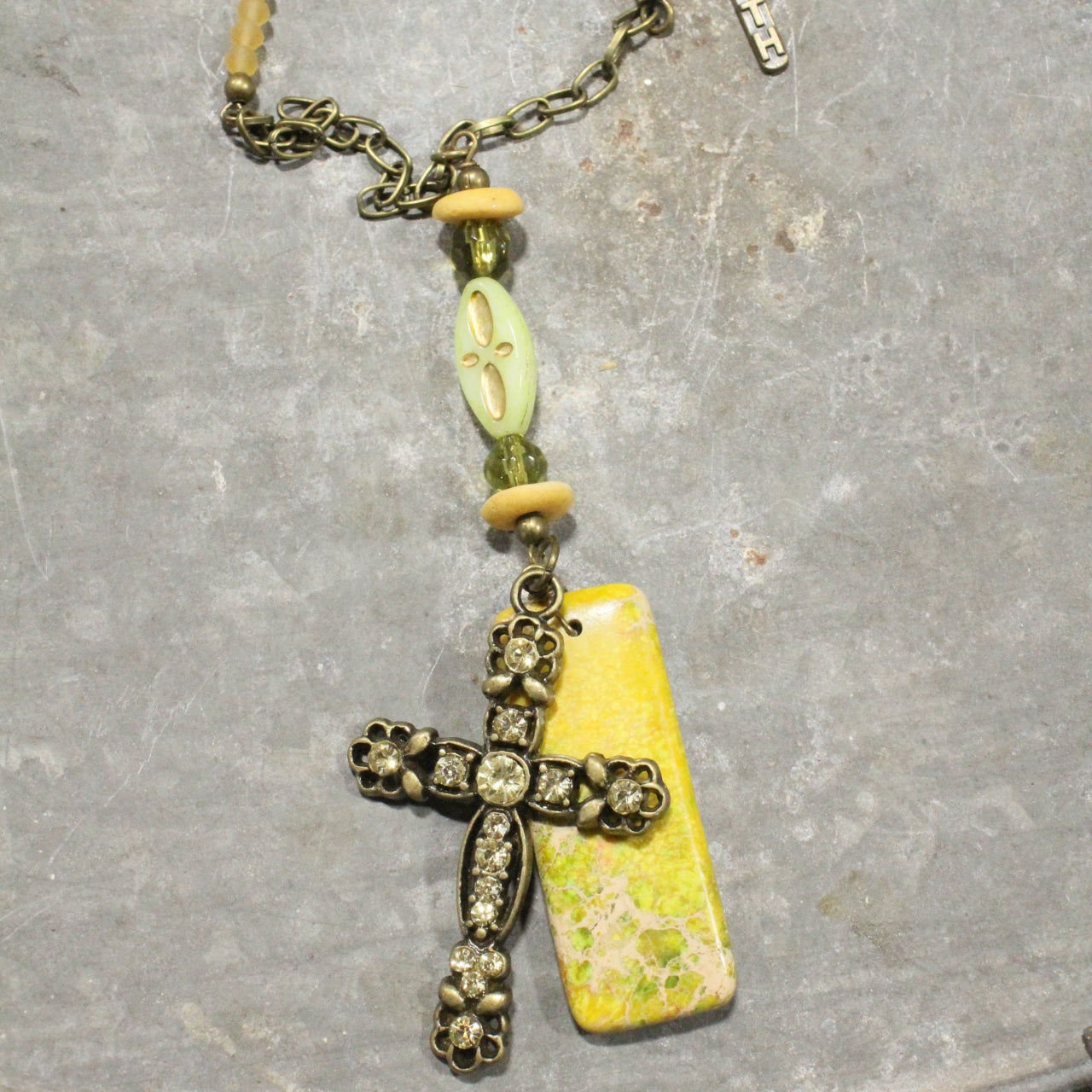 He Lives Stone & Czech Cross Necklace