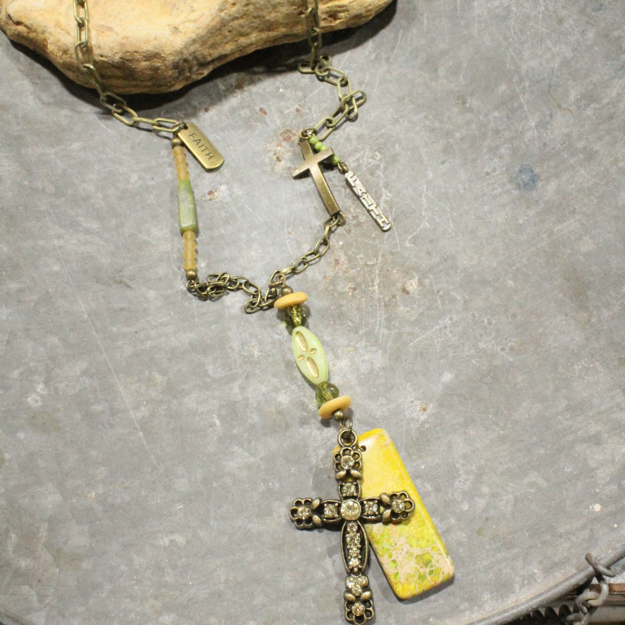 He Lives Stone & Czech Cross Necklace