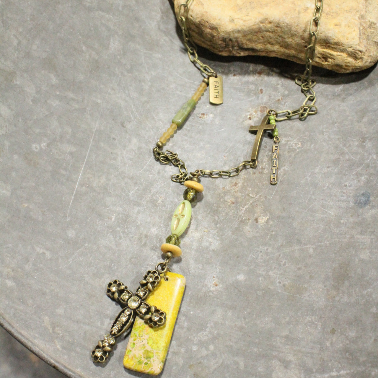 He Lives Stone & Czech Cross Necklace