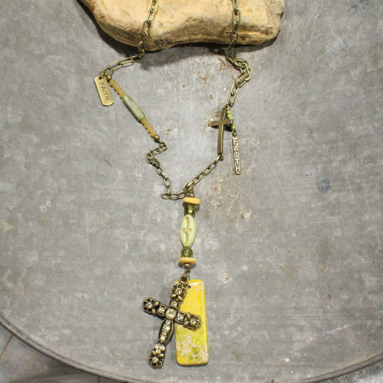 He Lives Stone & Czech Cross Necklace