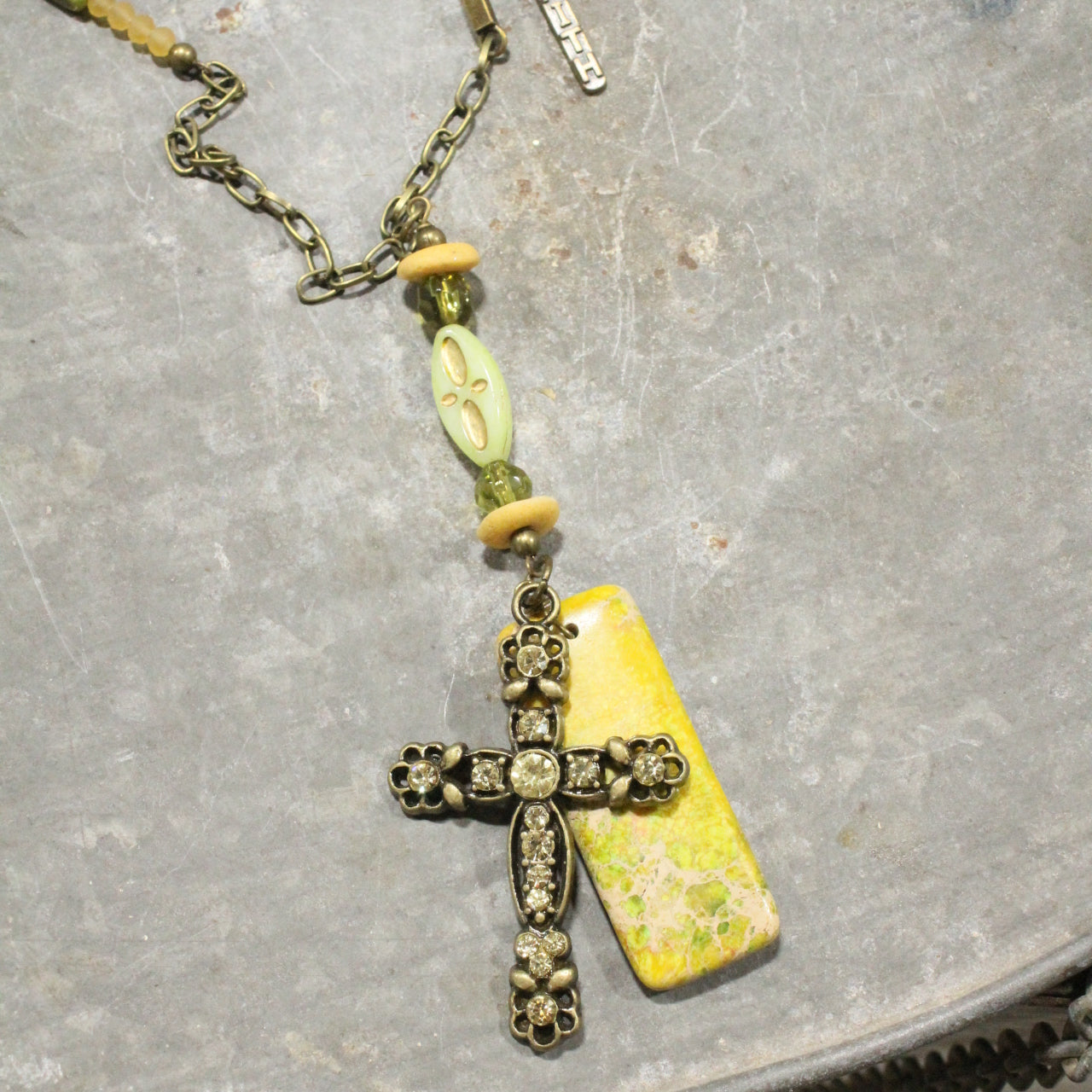 He Lives Stone & Czech Cross Necklace