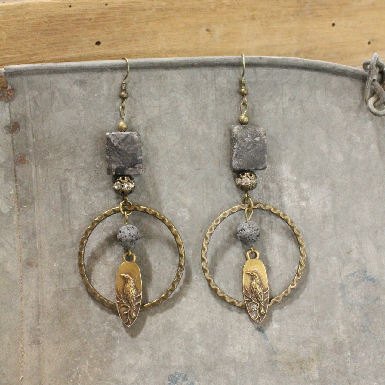 In The Dark Of Night Raven & Stone Dangle Drop Earrings