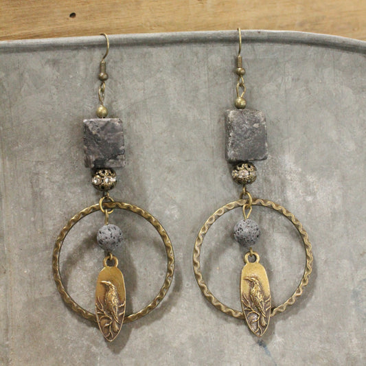 In The Dark Of Night Raven & Stone Dangle Drop Earrings