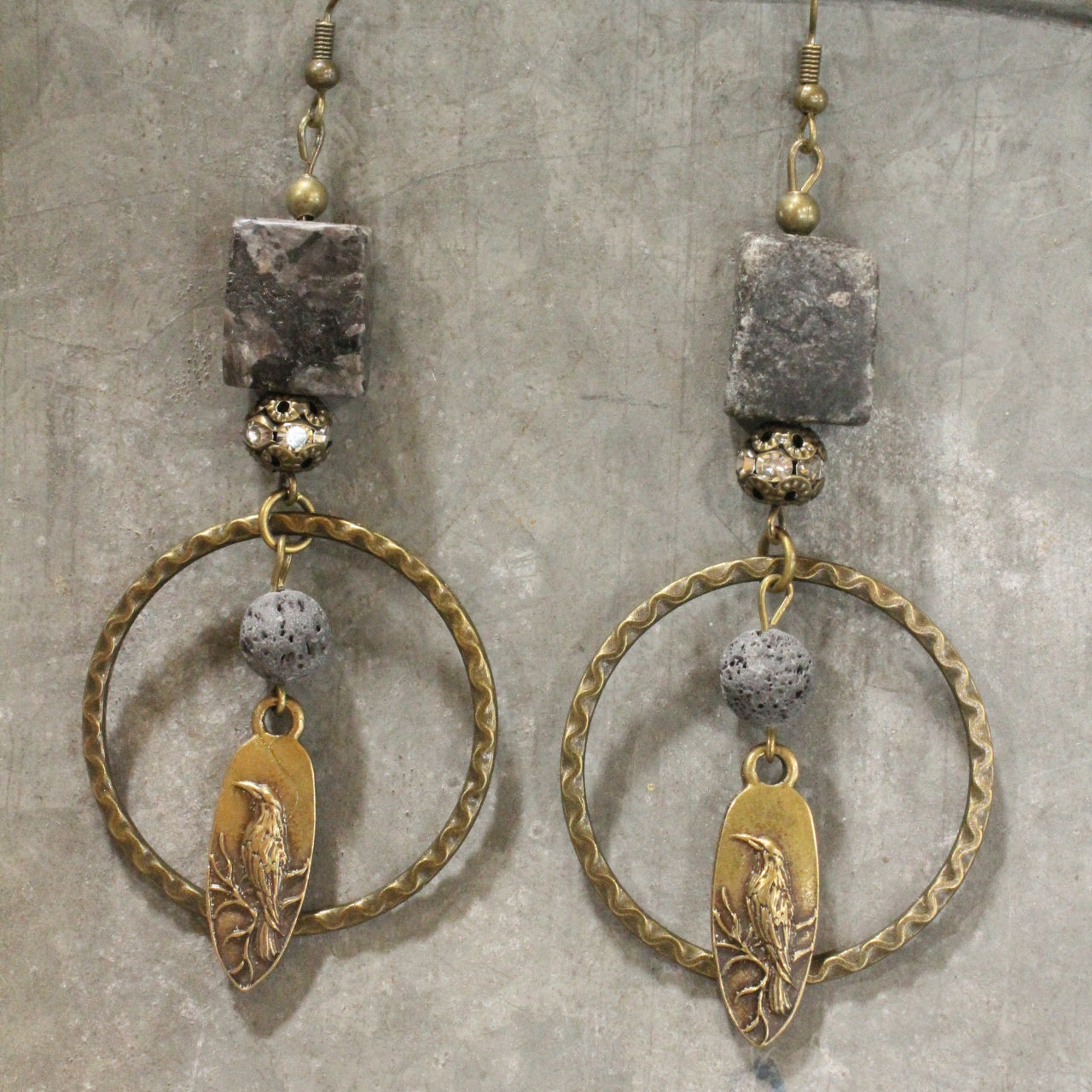 In The Dark Of Night Raven & Stone Dangle Drop Earrings