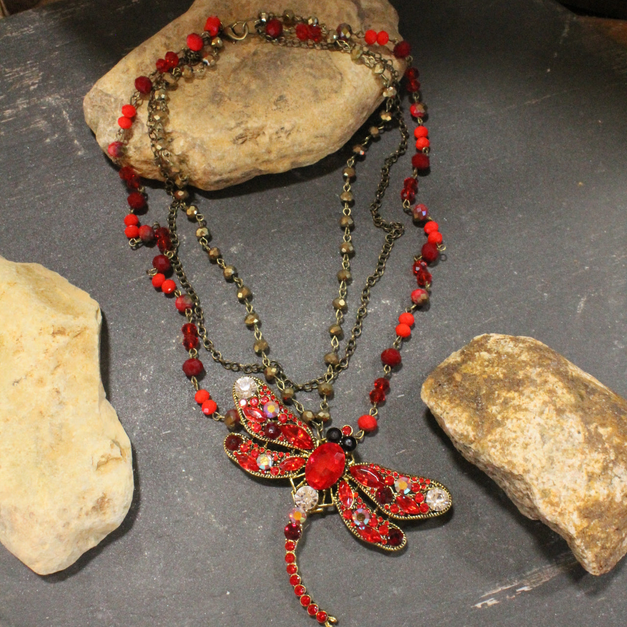 Gliding Red Dragonfly Layered Necklace