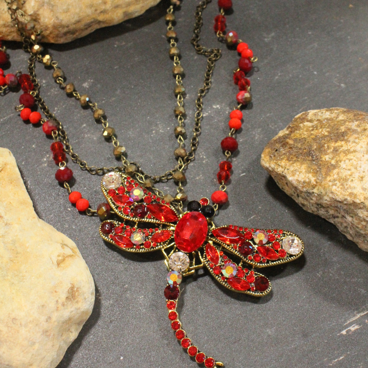 Gliding Red Dragonfly Layered Necklace
