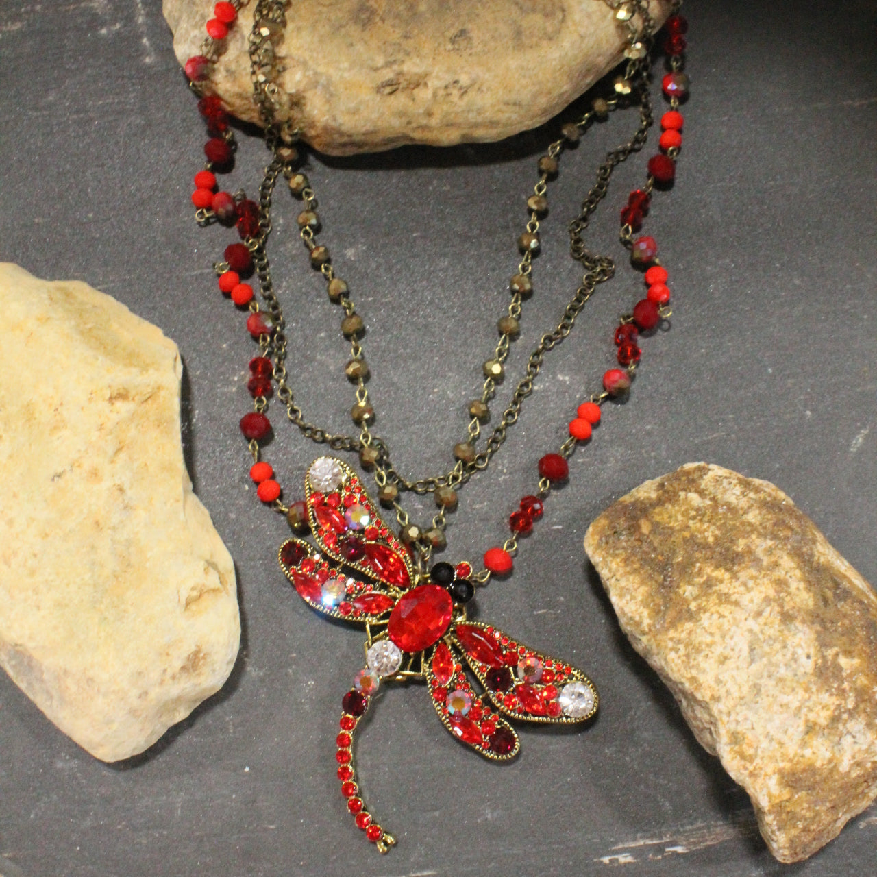 Gliding Red Dragonfly Layered Necklace