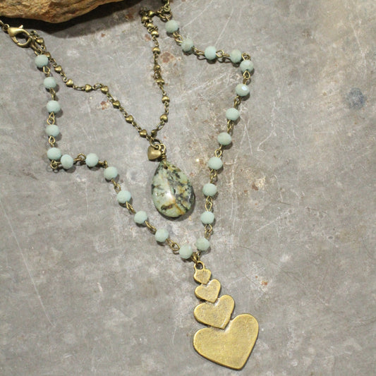 Double Layered Stone & Bronze Heart Drop Necklace