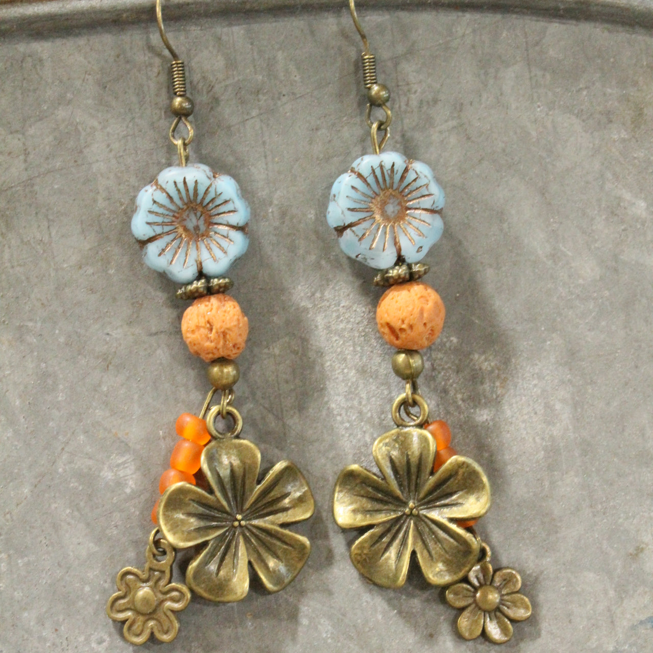 Flower Picking Bunny Czech Dangle Drop Earrings