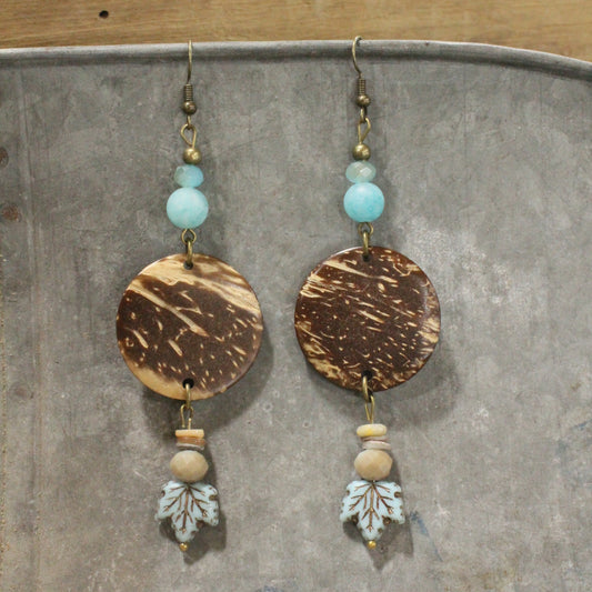 Coconut & Fall Leaf Dangle Drop Earrings