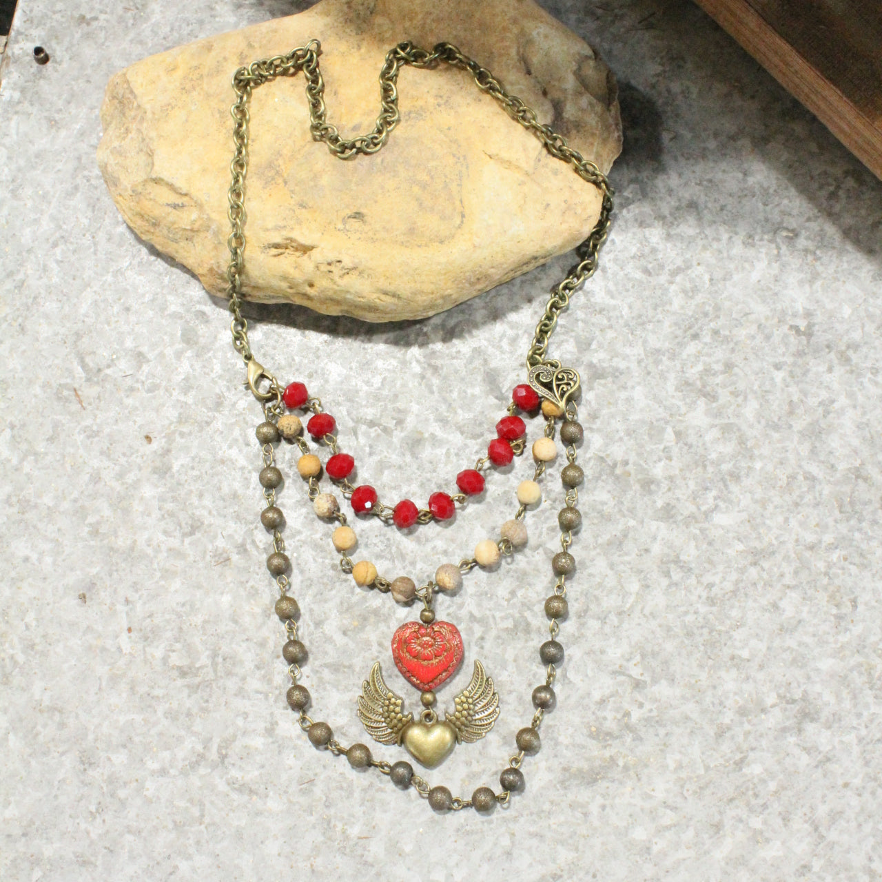 Layers Of Love Red Czech & Angel Wing Heart Necklace