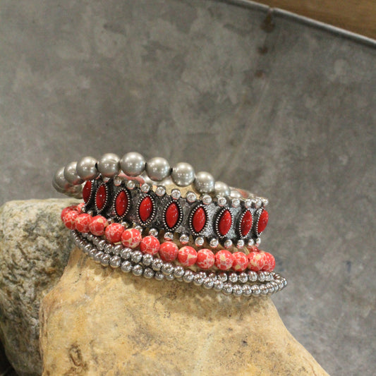 Loads Of Layers Red Stones & Metal Bracelet Set