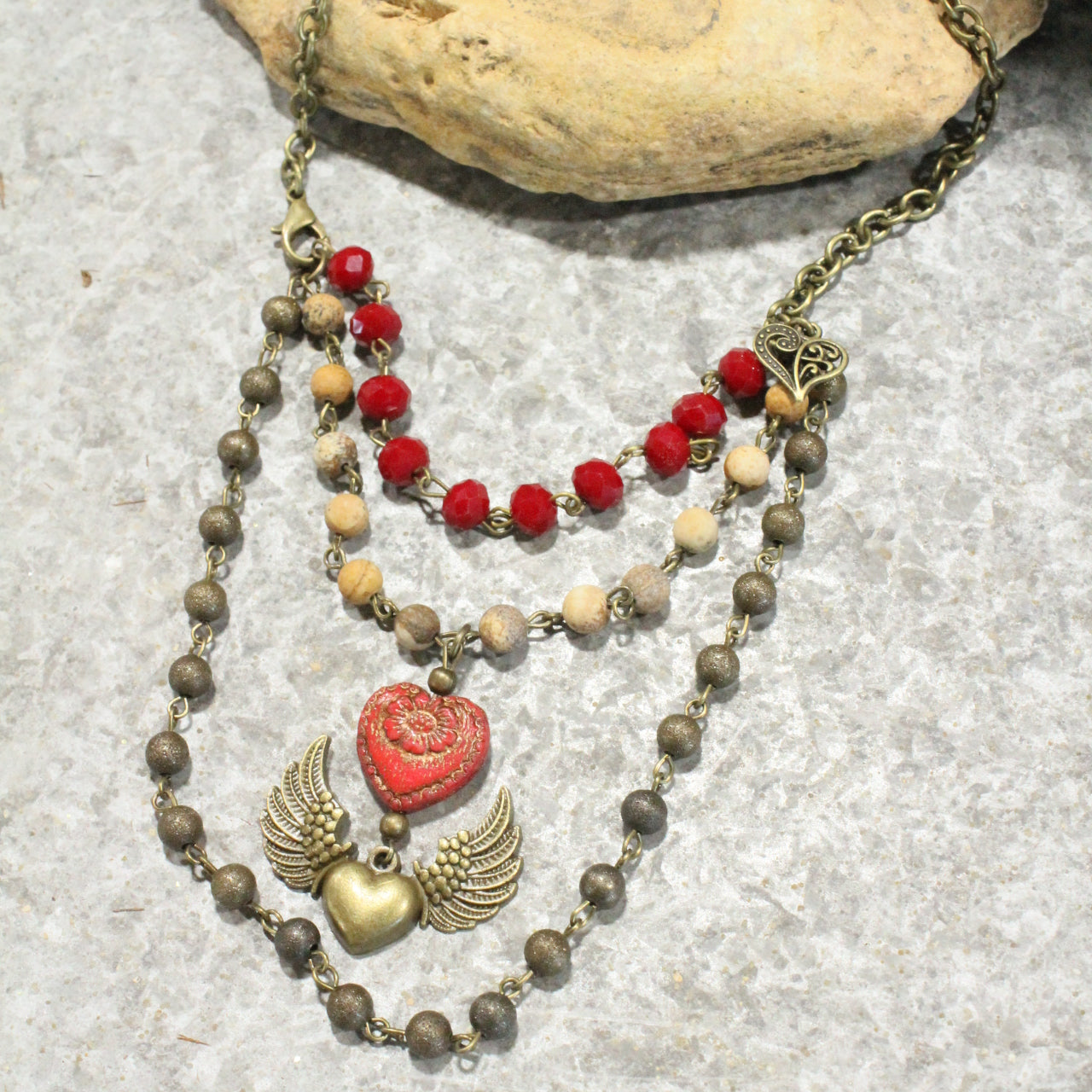 Layers Of Love Red Czech & Angel Wing Heart Necklace