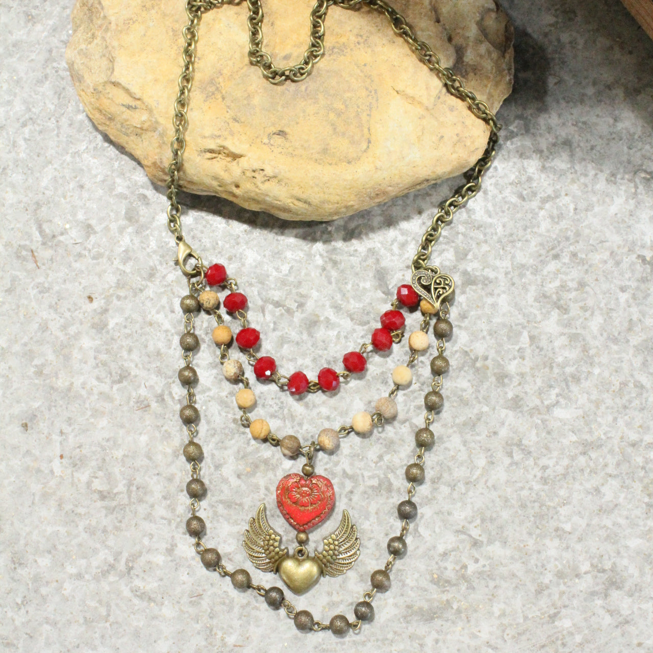 Layers Of Love Red Czech & Angel Wing Heart Necklace