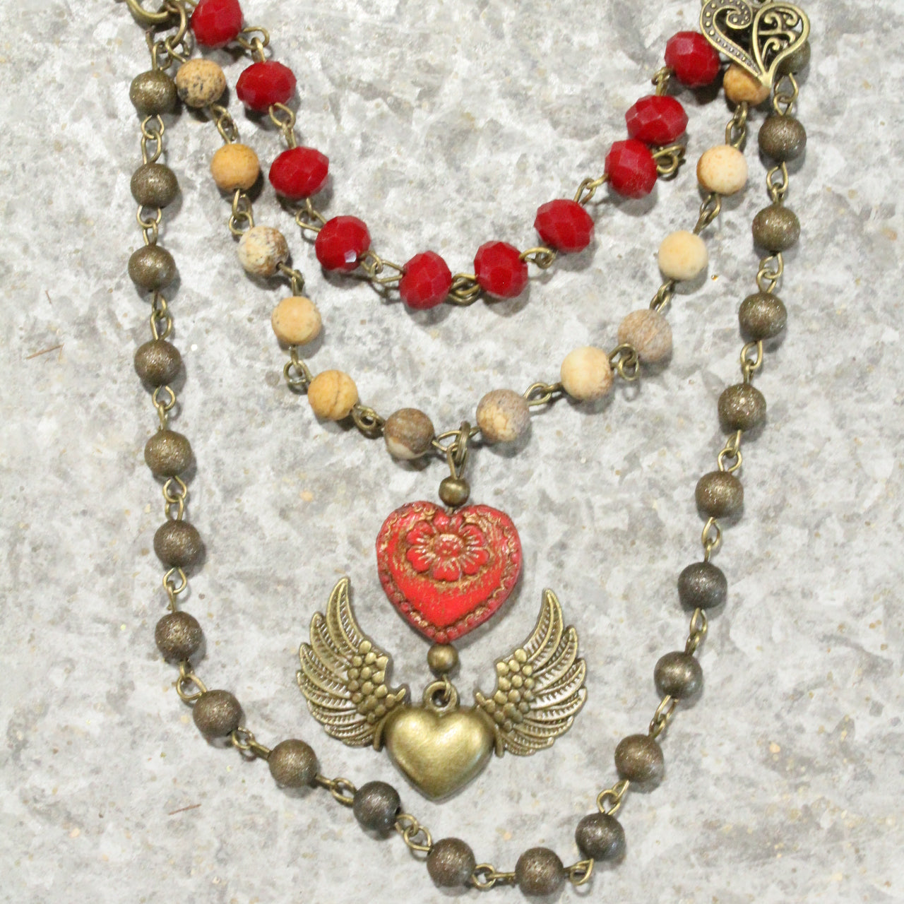 Layers Of Love Red Czech & Angel Wing Heart Necklace