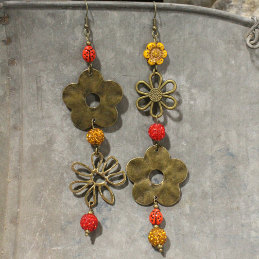 Ladybug Love Flower Dangle Earrings