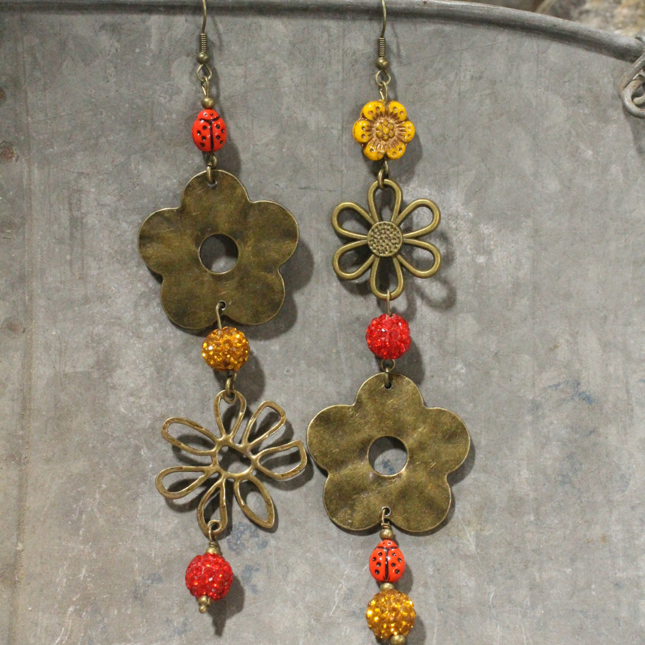 Ladybug Love Flower Dangle Earrings