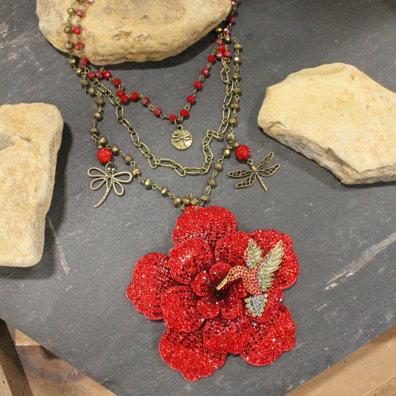Power In The Flower Red Humming Bird Layered Necklace
