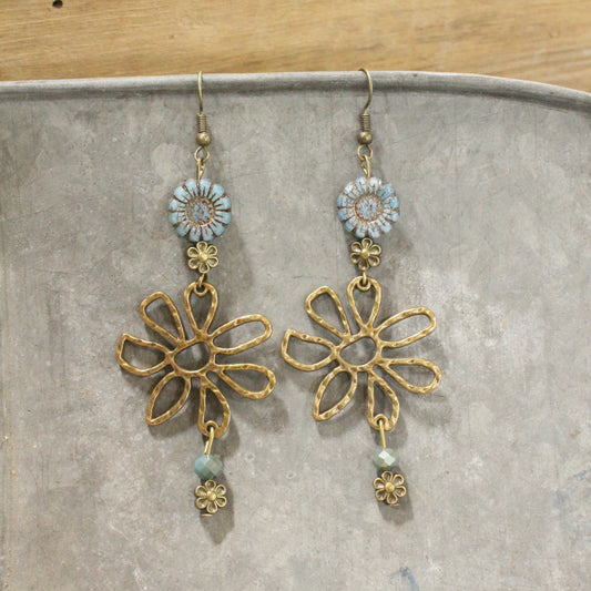 Fancy Flowers Blue Charm Dangle Earrings
