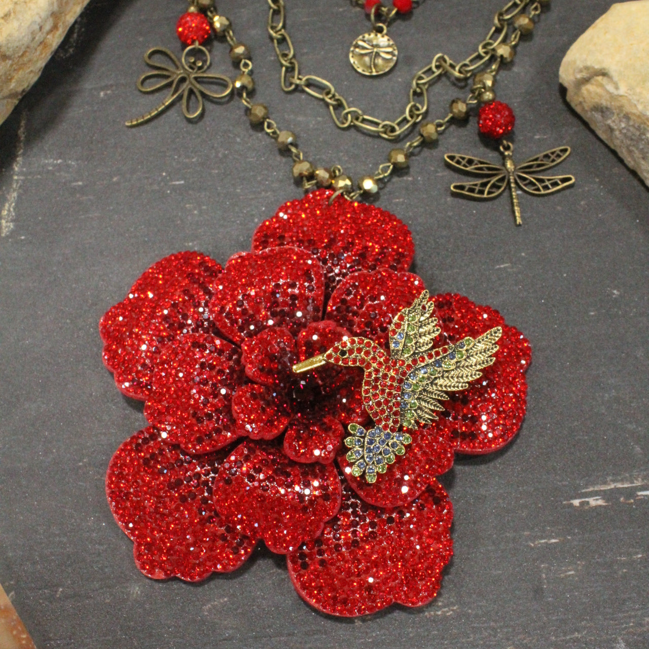 Power In The Flower Red Humming Bird Layered Necklace
