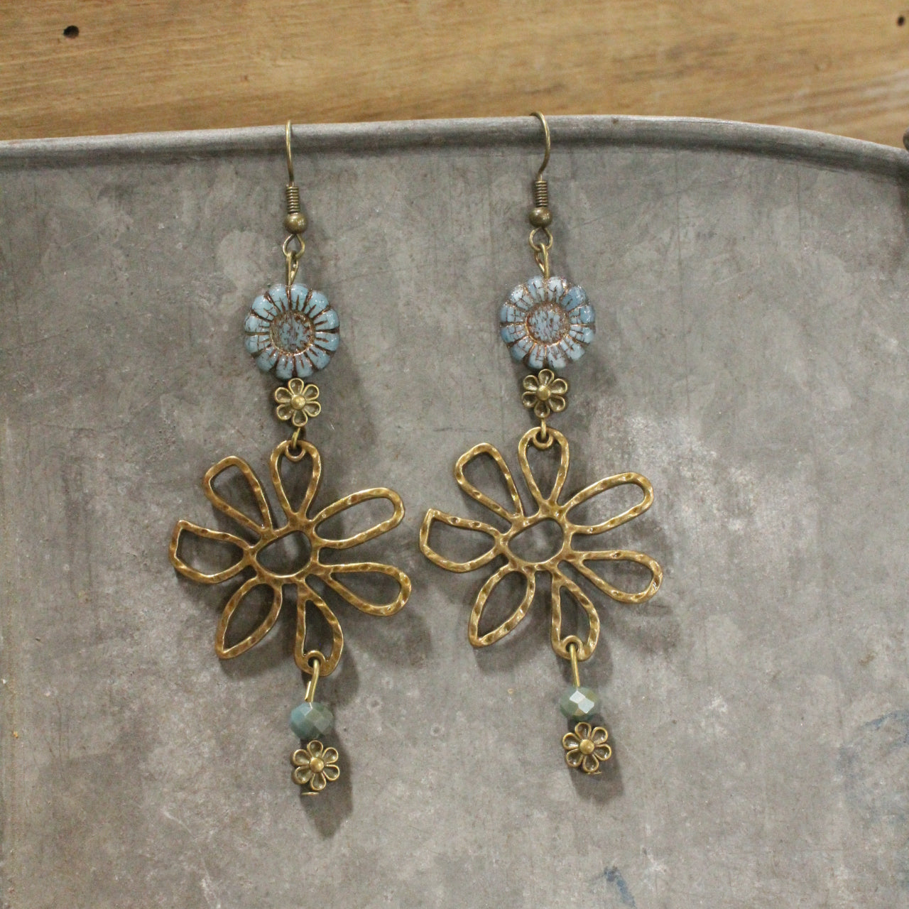 Fancy Flowers Blue Charm Dangle Earrings