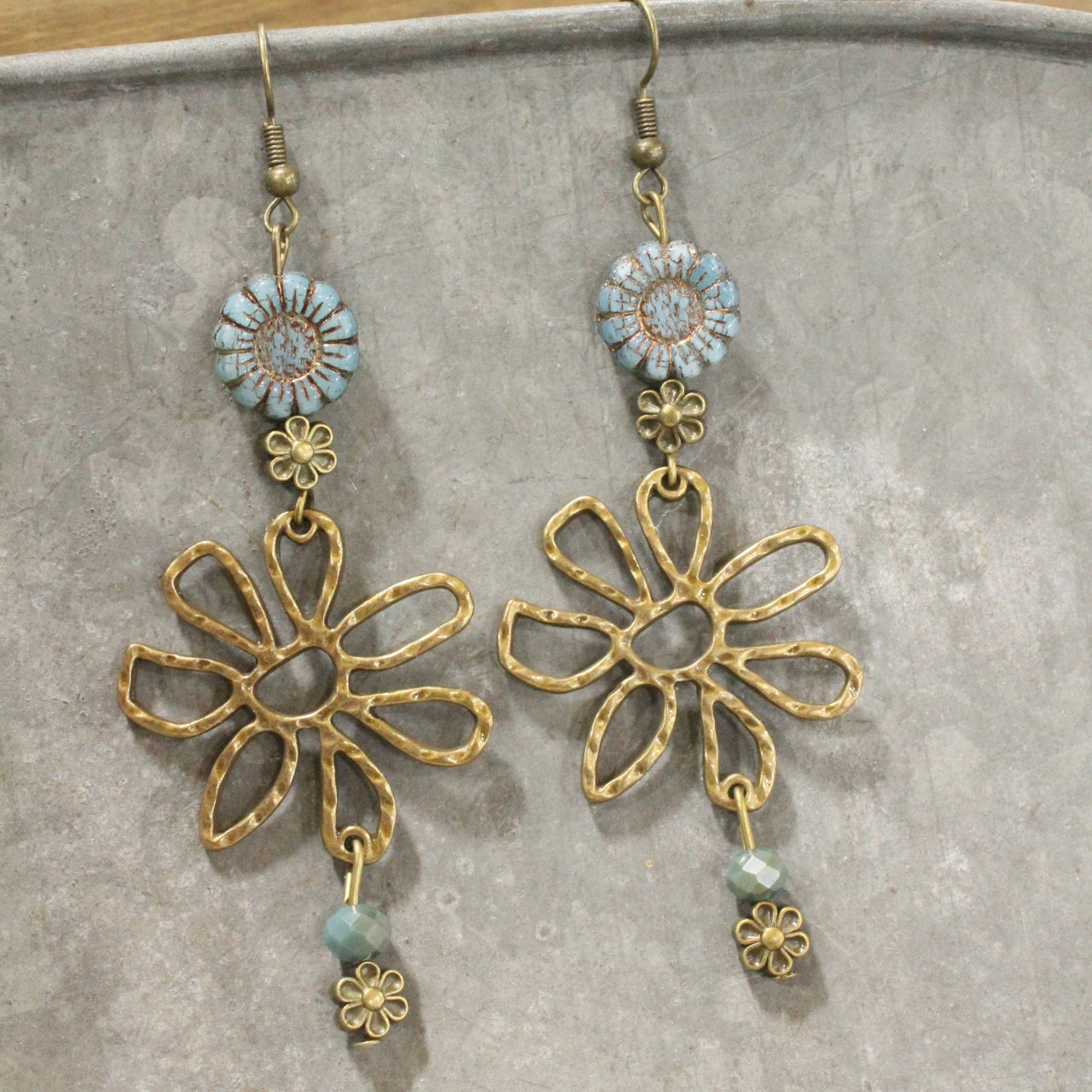 Fancy Flowers Blue Charm Dangle Earrings