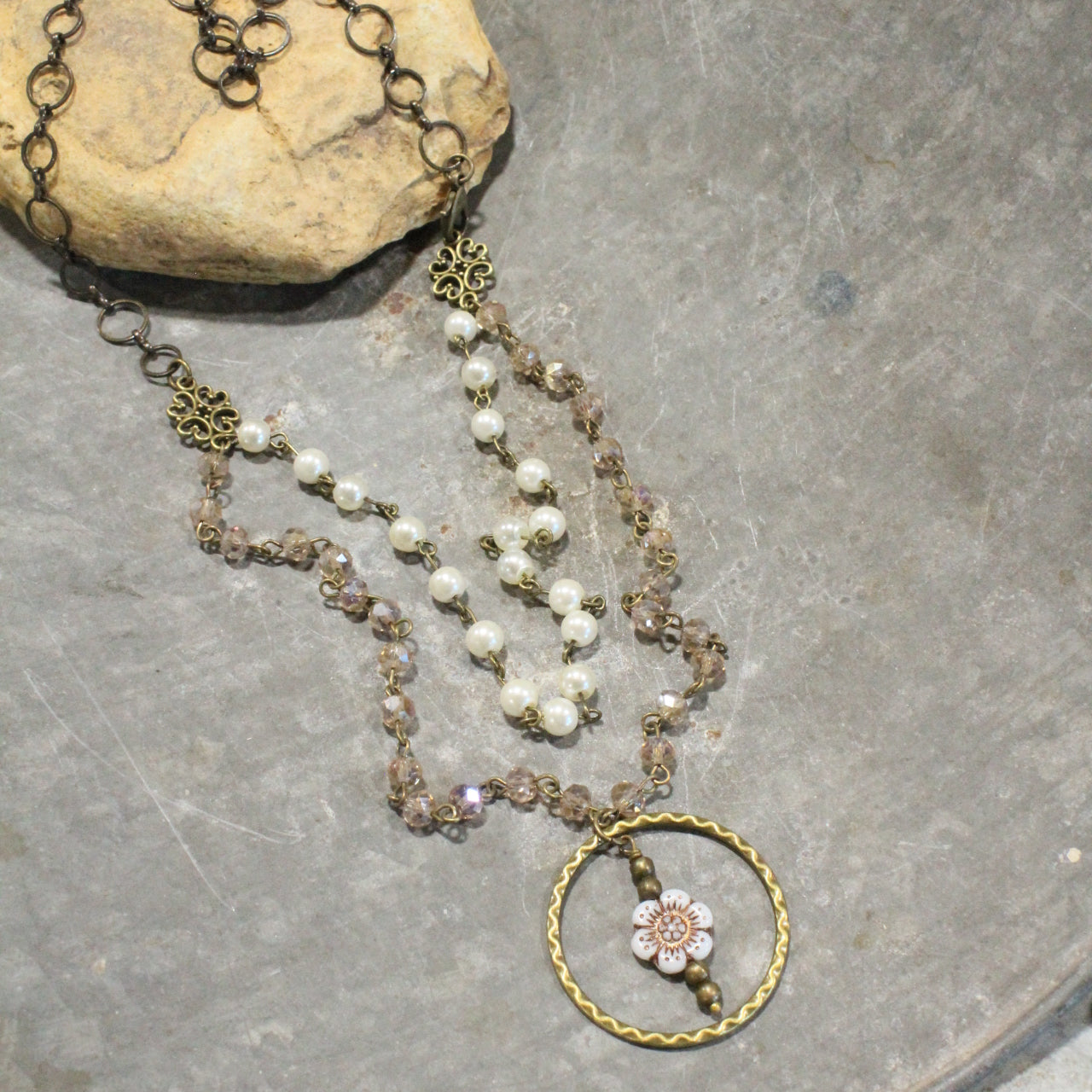 Picasso Wildflower Glass Bead White & Bronze Necklace