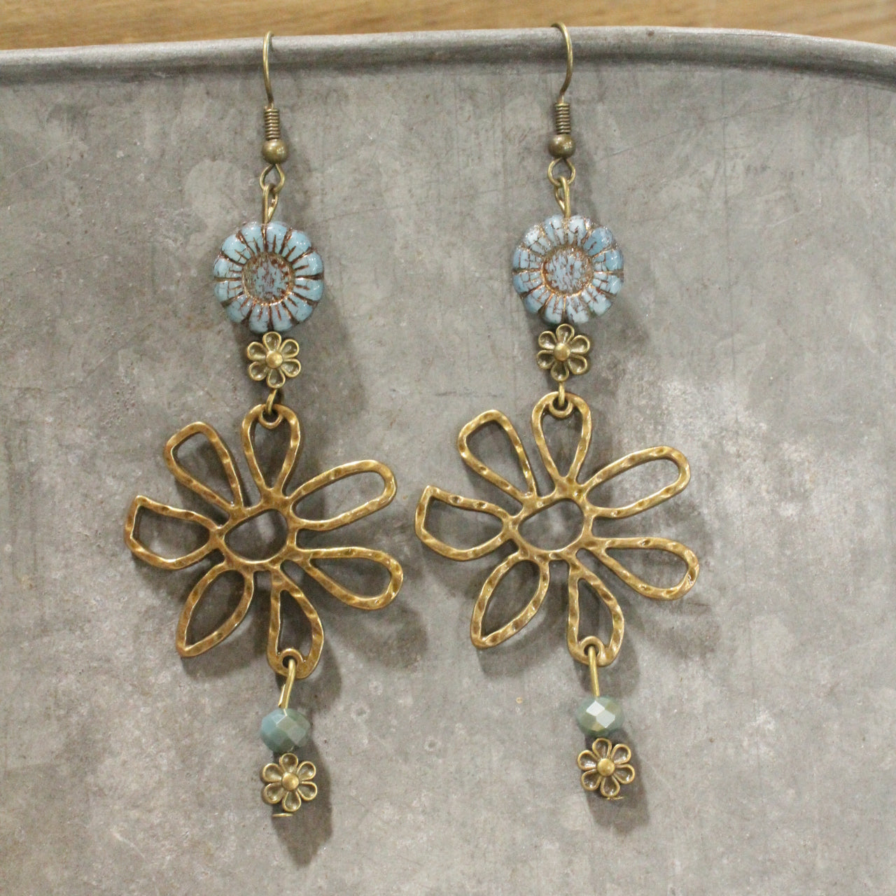 Fancy Flowers Blue Charm Dangle Earrings