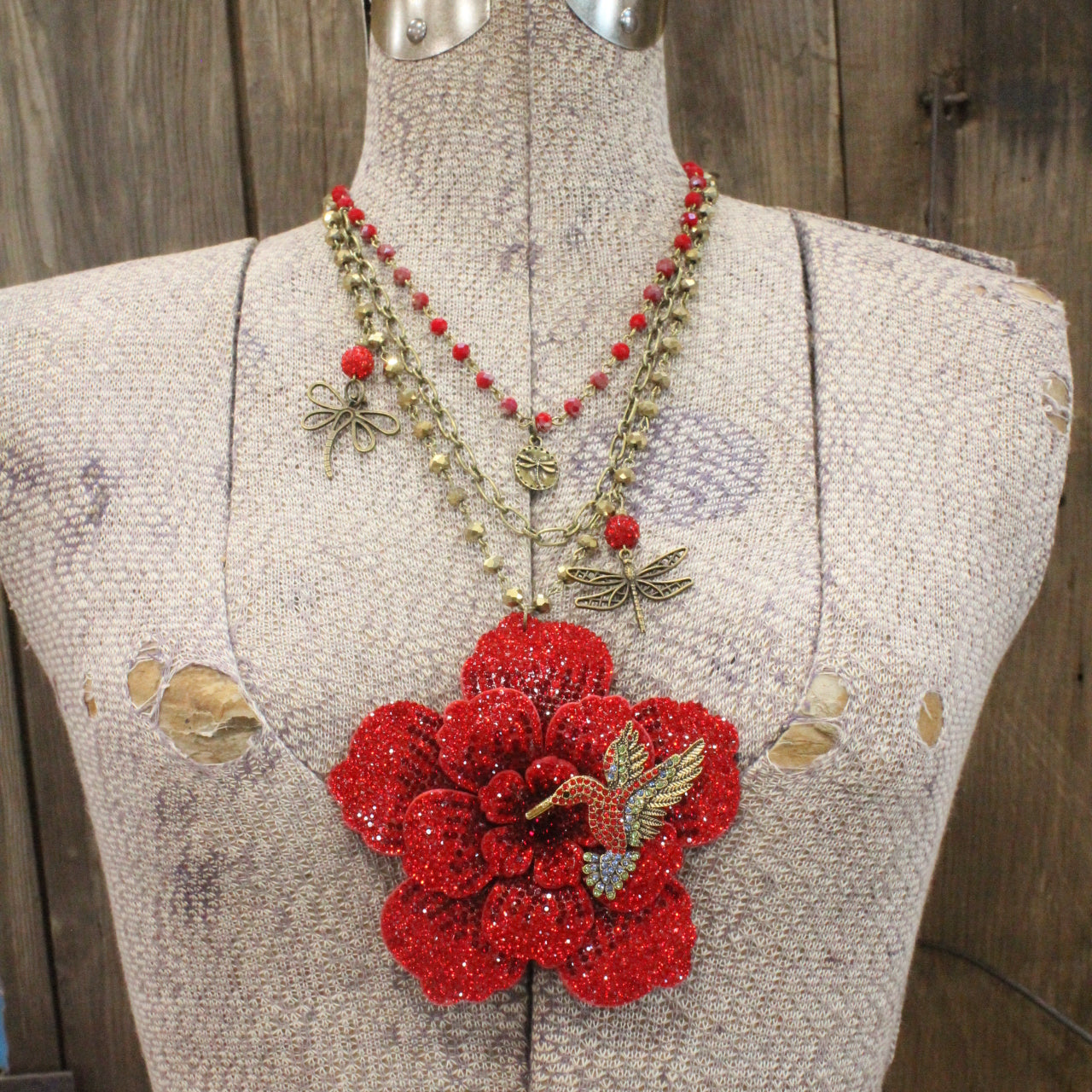 Power In The Flower Red Humming Bird Layered Necklace