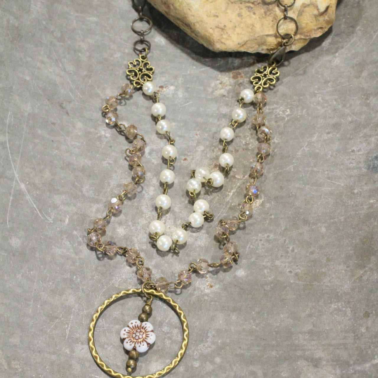 Picasso Wildflower Glass Bead White & Bronze Necklace