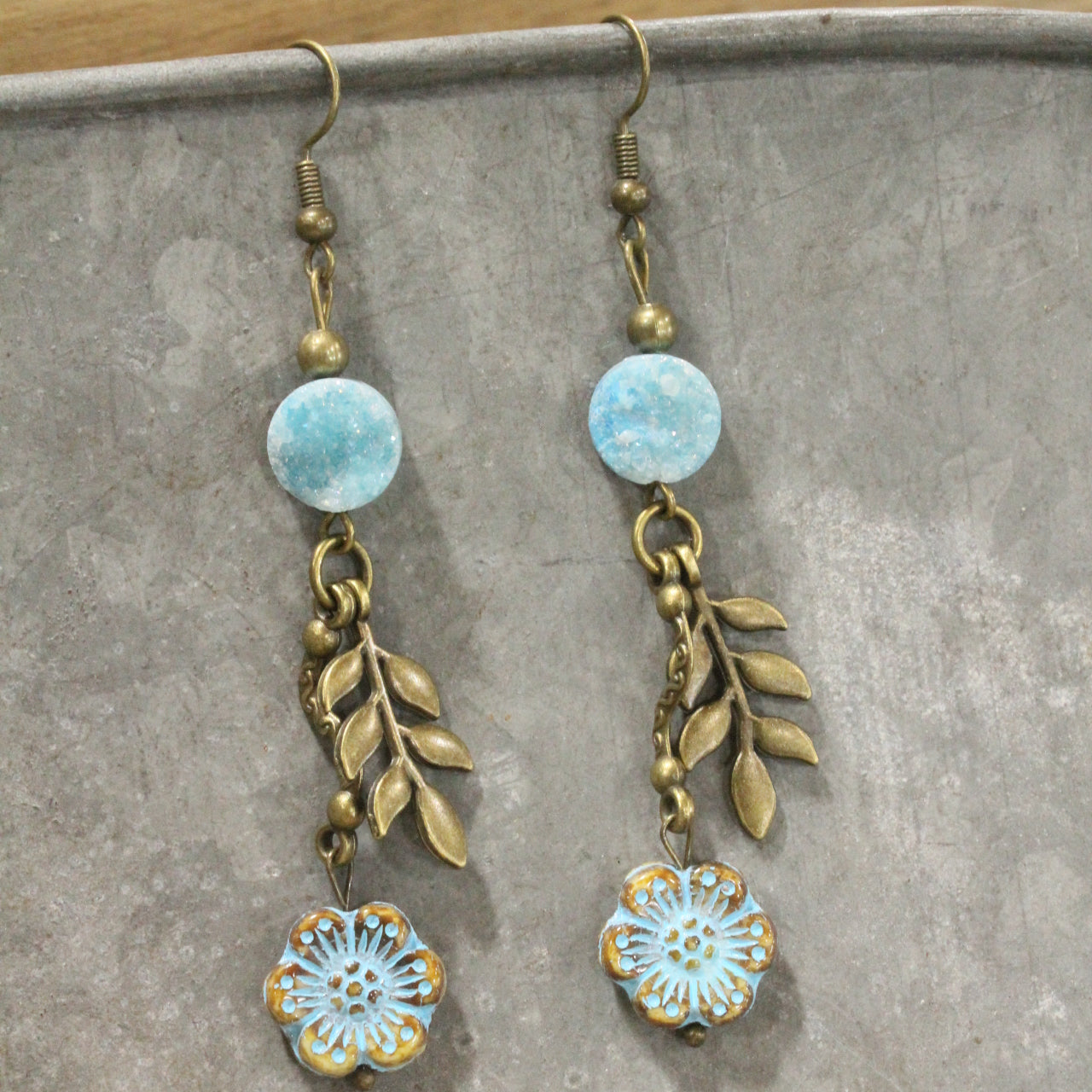 In Druzy Fashion Powder Blue Floral Czech Dangle Earrings