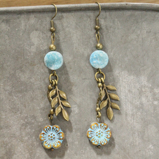 In Druzy Fashion Powder Blue Floral Czech Dangle Earrings