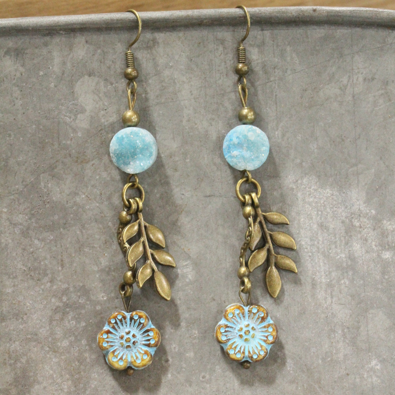 In Druzy Fashion Powder Blue Floral Czech Dangle Earrings